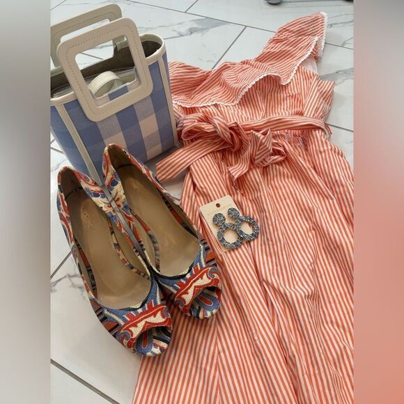 Skies Are Blue Orange/White One-Shoulder Striped Tie Dress Sz S NWT - Picture 3 of 9